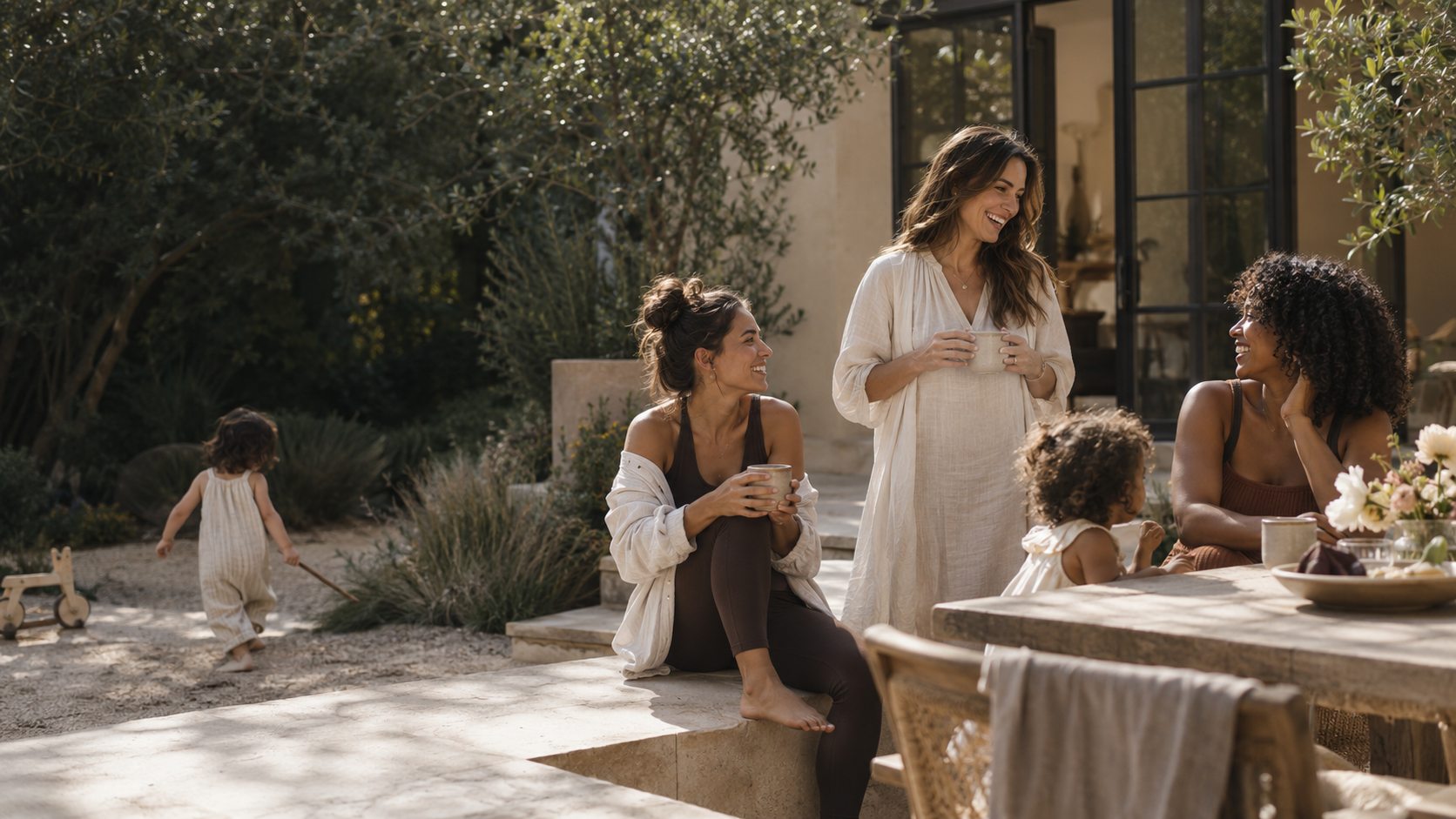 Illustrative scene of mothers talking over coffee while children play nearby